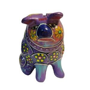 TALAVERA Purple UVGlow Pig Pottery Piggy BankHand Painted MEXICO FOLK ART,6"
